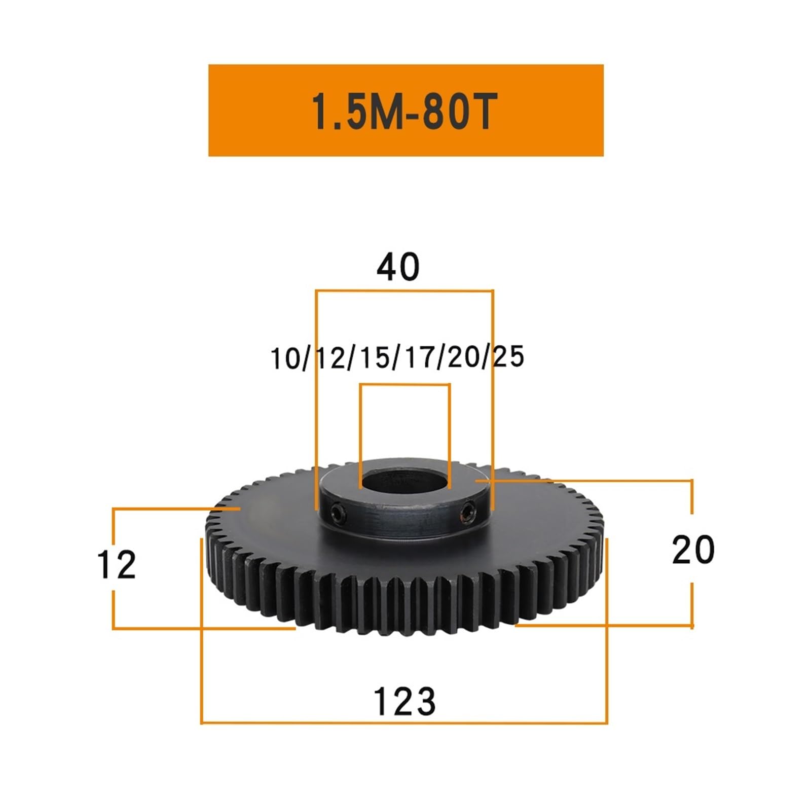 Bevel Gear Pinion Hardware Mechanical Cylindrical Gear 1.5M-80T Bore 10/12/15/16/17/19/20/25mm Teeth Thickness 12mm Blackening Carbon Steel Worm Gear for Electric Motor(15mm)