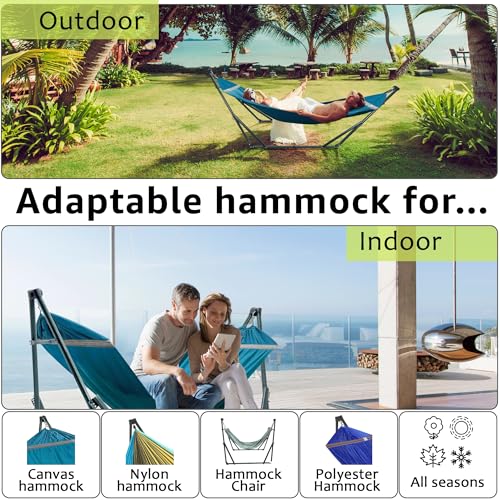 Image of Tranquillo Ultimate Relaxation Portable Hammock Stand with Cotton Canvas Net, Spreader Bar, Quick Fold Unfold in 30 Seconds Steel Frame Hammock 600 lbs Capacity Outdoor, Blue