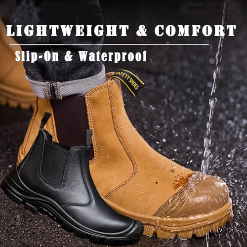 Work Boots for Men, Steel Toe Chelsea Slip On Safety Boots, Cow Leather Waterproof Comfortable Puncture-Resistant Work Shoes 5