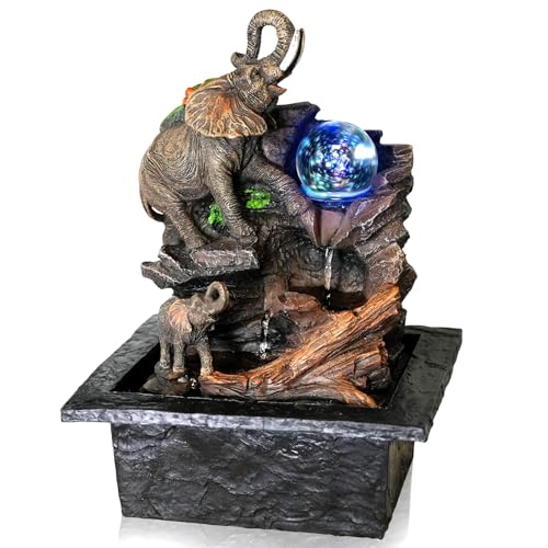 GEEZY Indoor Water Features with LED Lights – Elephant and Glass Ball Design – Easy Assembly, Mains Powered, Table Top – Suitable Indoor Water Fountain for Home Décor and Office Desks