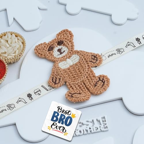 Image of eCraftIndia Teddy Bear Design Rakhi for Kids Girls Boys with Best Bro Ever Fridge Magnet | Raksha Bandhan Kids Rakhi for Brother Bhaiya Bhai | Roli Chawal Pack