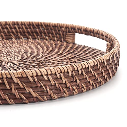 Round Rattan Woven Serving Tray with Handles Ottoman Tray for Breakfast, Drinks, Snack for Coffee Table, Home Decorative (11"x1.6", Honey Brown)