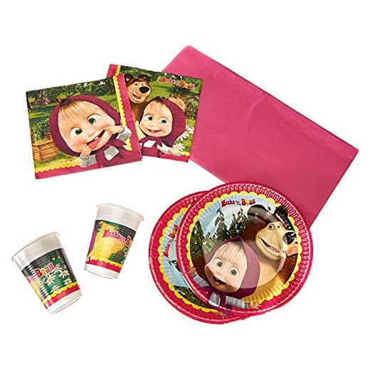 PalaParty srl - Juego de vajilla para cumpleaños (40 invitados: 40 platos, 40 vasos, 40 servilletas, 1 mantel de plástico), diseño de Masha y el oso