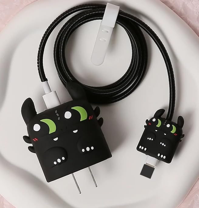 Image of Meyaar Silicone Protective Case for Apple 20W & 18W iPhone USB-C Power Adapter Charger and for USB Lightning Cable, 3D Cartoon Case for iPhone Charger 18W /20W Only (Night-Fury (Black))