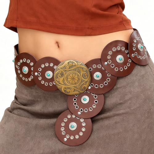 Western Wide Disc Belts for Woman, Leather Concho Cowgirl Boho Cowboy Belt, Vintage Country Waist Belts for Dress