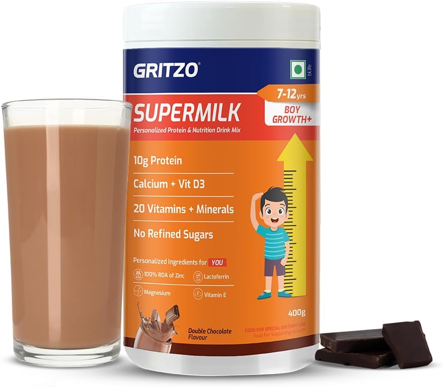 SuperMilk Height+ (8-12 Years Boys) - Double Chocolate, 400g | 10g Protein, Zero Refined Sugar, 21 Vitamins & Minerals