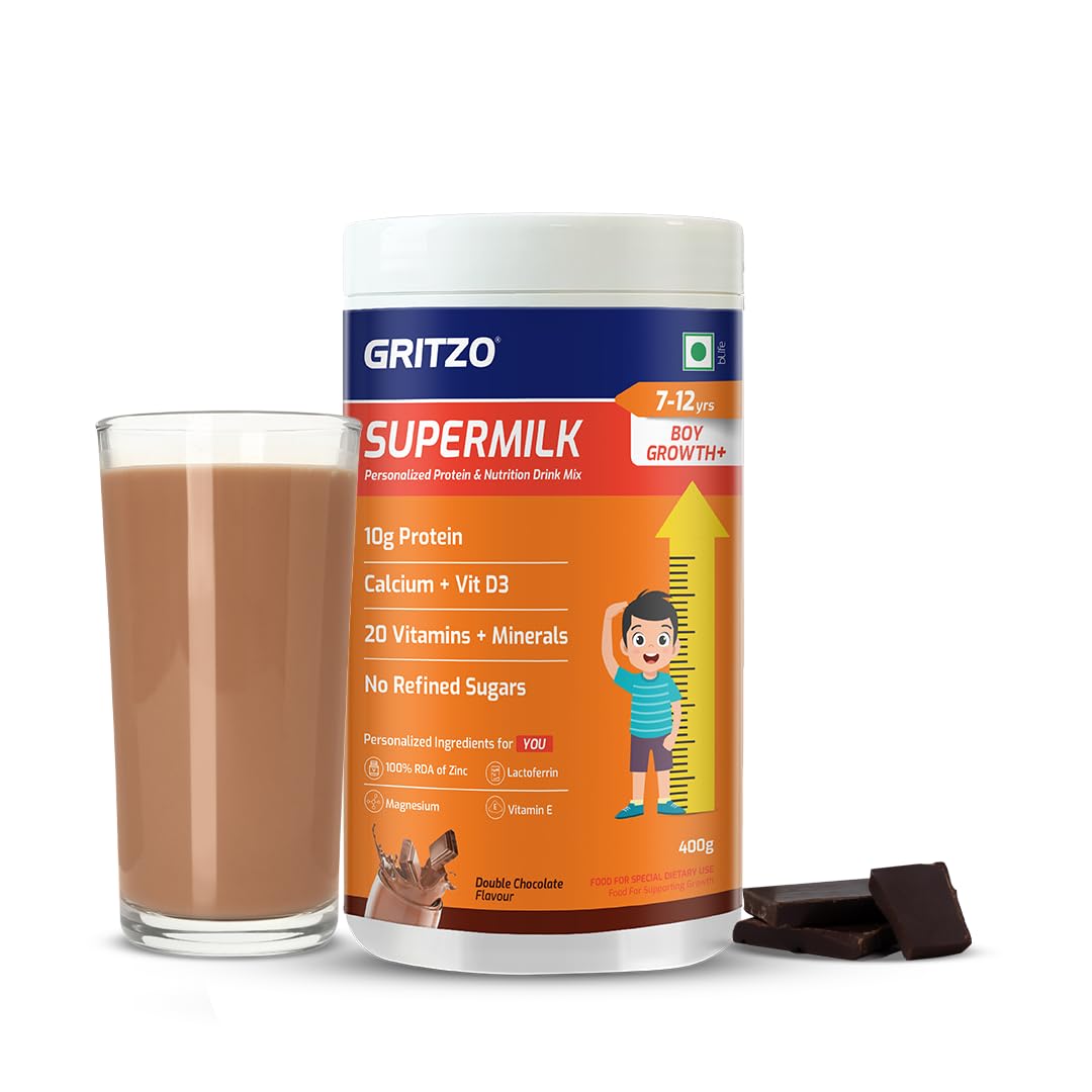 Gritzo SuperMilk Height+ (8-12 Years Boys) - Double Chocolate, 400g | 10g Protein, Zero Refined Sugar, 21 Vitamins & Minerals
