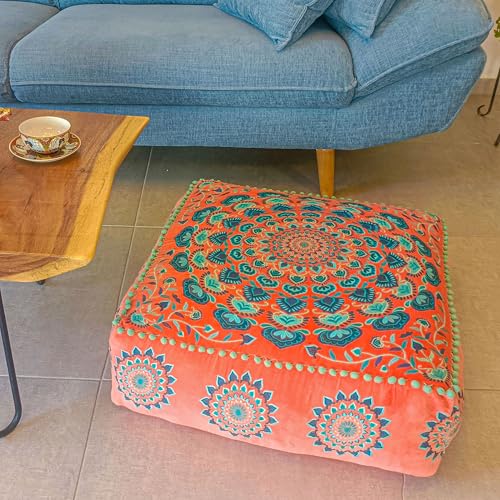 Mandala Life ART Orange Velvet Pouf Cover - Soft Sqare Floor Pillow - Embroidered Ottoman Slipcovern, 24x24x8 Inches, Ideal for Living Room, Bedroom, or Meditation Space - Boho Decor Cushion