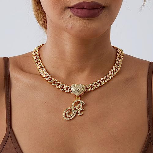 Initial Necklaces Silver Cuban Link Chain for Women Iced Out Chain with Heart Letter Pendants Custom Chain Name Necklace Hip Hop Jewelry Gift3