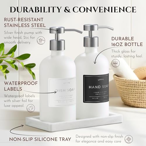 Glass Soap Dispenser Set of 2 (White) with Silicone Tray | Hand and Dish Soap Dispenser for Kitchen and Bathroom | 16.8 Oz Glass Bottles with Stainless Steel Pump & 15 Waterproof Labels (White/Silver) - image 6