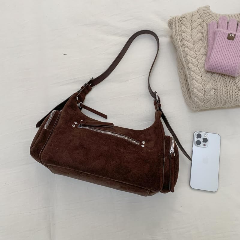 Sac à bandoulière en daim synthétique marron à fermeture éclair - 3