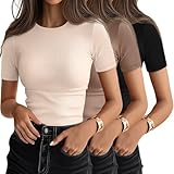 Ficerd 3er-Pack Damen-Rippstrick-T-Shirts, Baumwolle, Kurzarm, Basic-Shirts mit Rundhalsausschnitt, figurbetont, Freizeitshirts, Sommer, trendig(Schwarz, Braun, Beige,S)