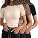 Ficerd 3 Pack Women's Ribbed T-Shirts, Cotton Short Sleeve Basic Tees Crewneck Fitted Tops Casual Shirts 2026 Summer Trendy(Black, Brown, Beige,Large)