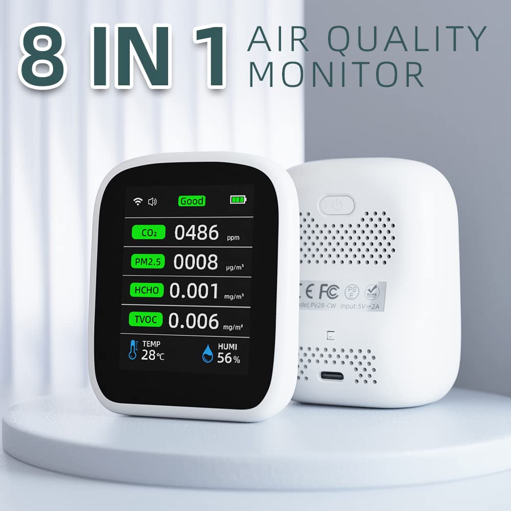 Irfora Tuya WiFi Tragbares Luftqualitätsmessgerät 8in1 PM1.0 PM2.5 PM10 CO2 TVOC HCHO Temperatur- und Feuchtigkeitstester LCD-Farbbildschirm Kohlendioxiddetektor mit Zeit- und Datumsanzeigefunktion