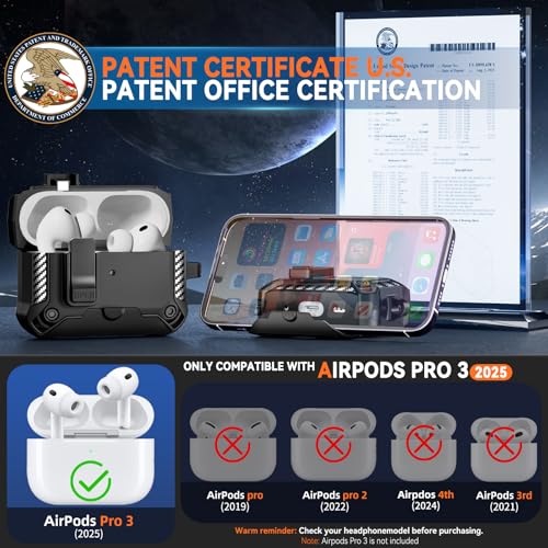 Image of for AirPods Pro 3 Case with Lock & Phone Stand(Black) | Automatic Snap Switch Lock,Carbon Fiber Texture Design Cover with Cleaner Kit