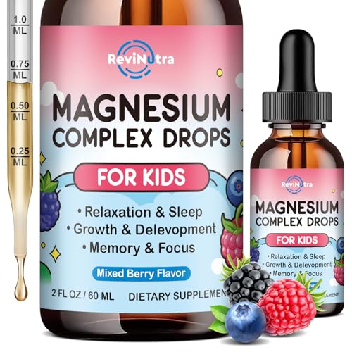 Image of Magnesium Glycinate Liquid for Kids, Kids Magnesium Liquid Drops Supplement with L-Theanine, Calcium, Zinc, Vitamin D3 K2 for Sleep Calm Relaxation Brain Bones Focus, Mixed Berry Flavor 2 Fl Oz