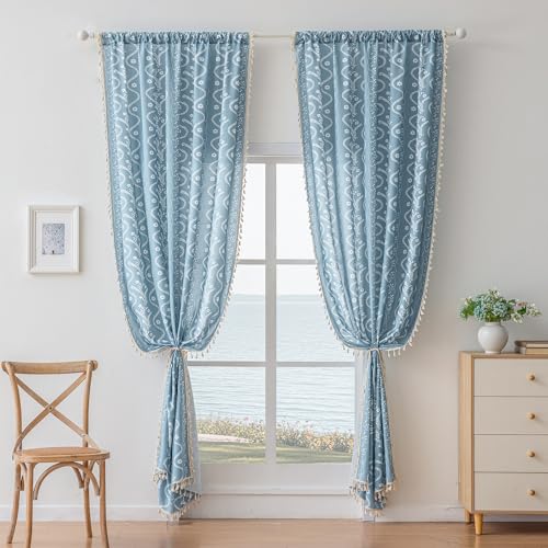 Image of Boho Curtains 84 Inch Long for Living Room, Bedroom, 2 Panels Floral Farmhouse Vintage Tassel Semi Sheer Light Filtering Privacy Window Curtain Drapes with Rod Pocket,Dusty Blue