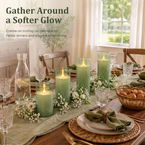 Image of Homemory Sage Green Flameless Candles, Acrylic LED Pillar Candles with Remote Timer, Set of 5