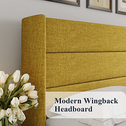Allewie Full Size Lift Up Storage Bed, Modern Wingback Headboard, Hydraulic Support, No Box Spring Needed, Olive Yellow