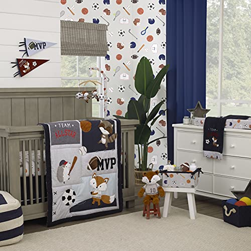NOJO Team All Star Navy, Grey, and Light Blue, Football, Baseball, Soccer and Basketball, 4 Piece Nursery Crib Bedding Set - Comforter, 100% Cotton Fitted Crib Sheet, Crib Skirt and Storage Tote
