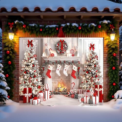 White Christmas Fireplace Garage Door Decoration Background Winter Xmas Tree