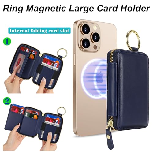 Image of Compatible with MagSafe Wallet,Magnetic Phone Wallet Card Holder for iPhone 17 /16 Pro Max /15 plus /14 Pro /13 /12 Series,PU Leather Zipper Pocket Adjustable Stand-Blue