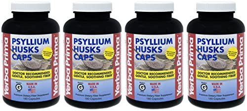 Yerba Prima Psyllium Husks Caps - 180 caps (Pack of 4) - Natural Fiber Supplement - Non-GMO Gluten Free