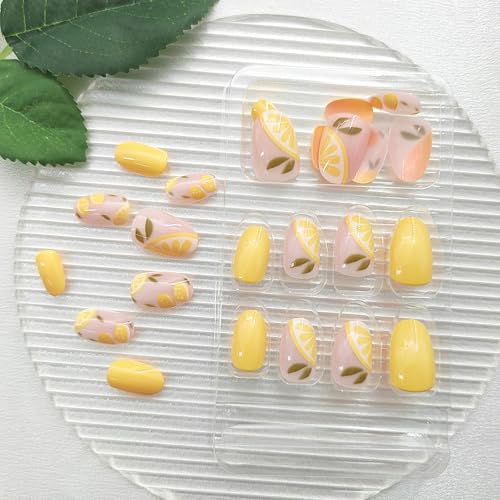 Yellow Press on Nails - Lemon Design Short Round Fake Nails