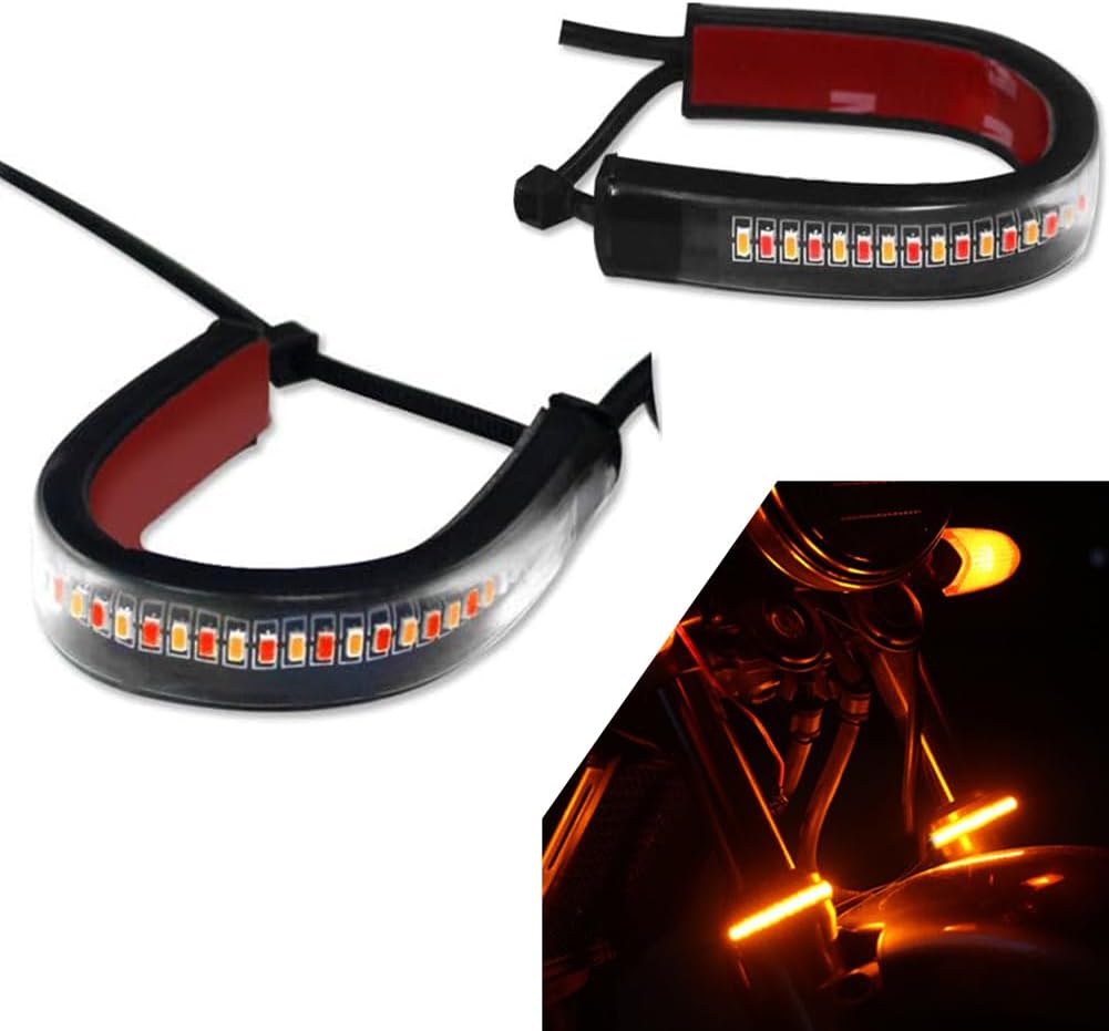 GTINTHEBOX 2PC Flexible Switchback Dual-Color Red & Amber LED Fork Turn Signal DRL Daytime Running Light Waterproof Adjustable Stips Bars kit Universal Fit Motorcycle Bike