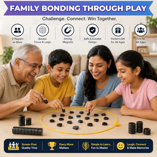 Image of Kidology Magnetic Chess Game for Kids & Adults | Magnetic Stones Strategy Board Game with Rope Boundary | Brain Teaser Logic Puzzle | Family Party & Travel Game | Gift for Boys & Girls (Black)