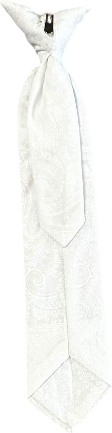 Boys Necktie Clip-On White Paisley Cotton for Communion, Christening and Baptism