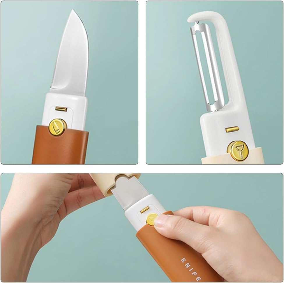 Image of 2 in 1 Stainless Steel Fruit Knife and Peeler - Portable Folding Kitchen Tool with Protective Cover, Compact Vegetable Cutter for Fruits, Outdoor Travel and Daily Cooking Use (Knife Peeler) multicolor