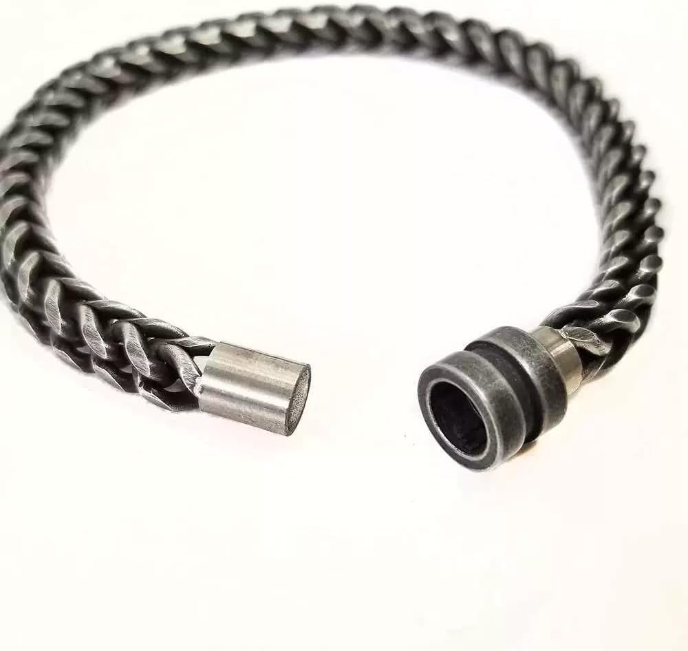 Retro Male Stainless Steel Hand Wrist Link, Antique Black Round Box Snap Knit Link Bracelet 22cm (8.66inch)