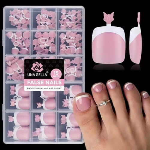UNA GELLA French Press On Toenails - 15 Sizes Pre-Etched French Toe Nail Press Ons Soft Square Gel False Toenails Pink and White Fake Toe Nails 180Pcs for Women Big Toes Nail Extensions Pedicure