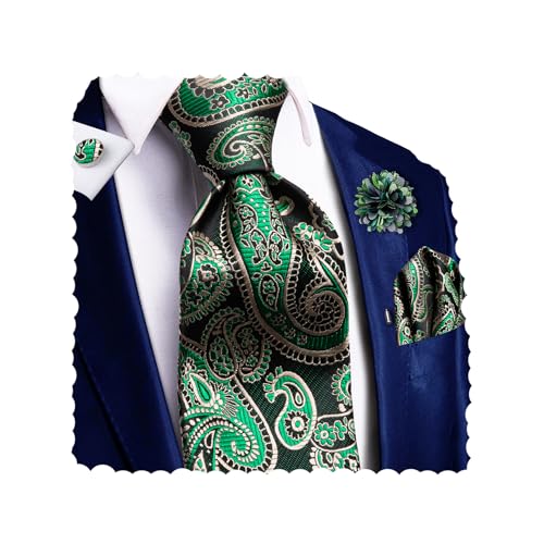 Image of Hi-Tie Men Silk Ties Set with Flower Lapel Pin Necktie Pocket Square Cufflinks for Tuxedo Wedding Business