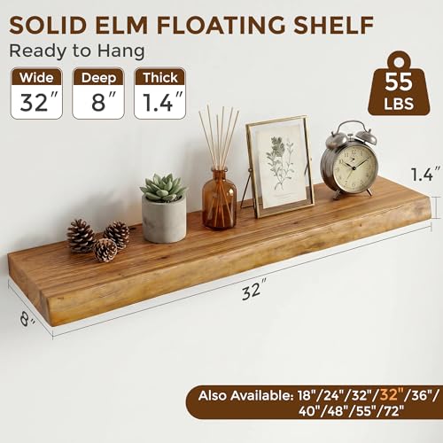 Image of Dreamland Rustic Elm Woood Floating Shelves for Wall Decor, Live Edge 32 inch W x 8 inch D Floating Shelves Set of 2, Wall Mounted Deep Wooden Shelf for Living Room, Bedroom, Kitchen, Bathroom, Natural