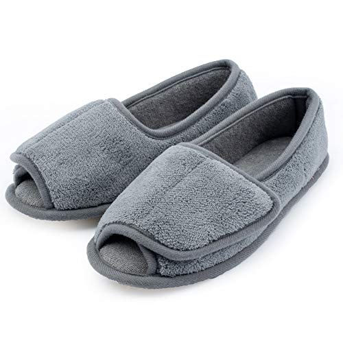Git-up Women Diabetic Slippers/W Arthritis Edema Adjustable Closure Memory Foam House Shoes Open Toe Extra WideGRAY8. Grey