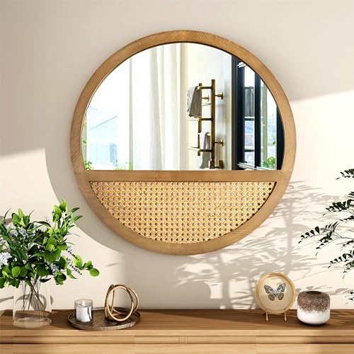 THKSHOUZ 24 Inch Rattan Round Mirror, Vintage Hand-Woven Wooden Framed