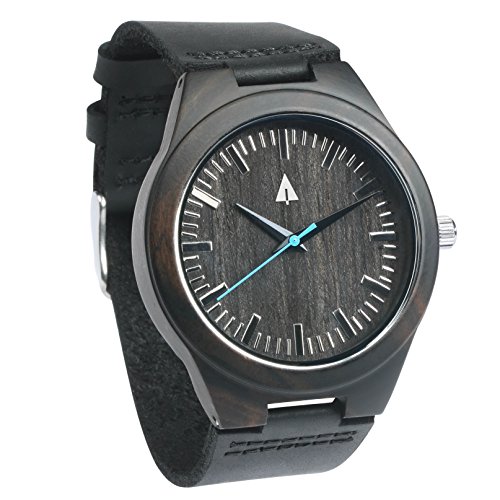 Treehut Mens Ebony Wooden Watch with Genuine Black Leather Strap Quartz Analo.