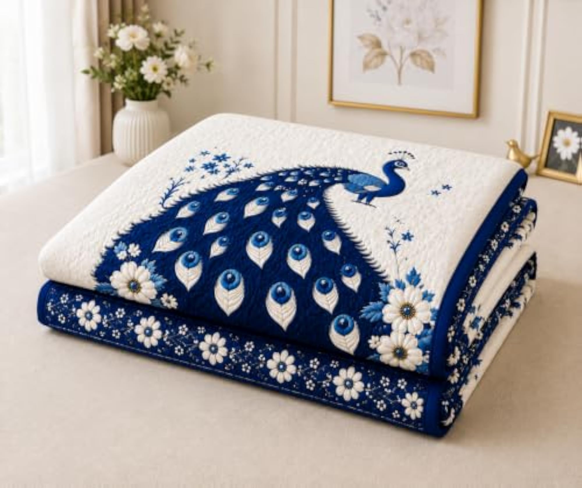 Royal Blue Peacock Floral Bedsheet with Pillow Cover