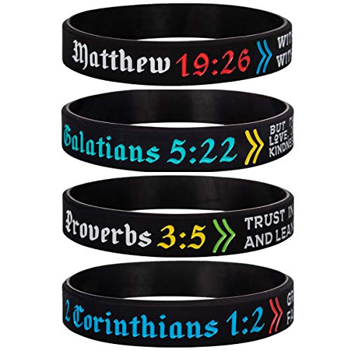 Sainstone 4-Pack Power of Faith Christian Bible Verse Silicone Bracelets - Matthew 19:26, Galatians 5:22, Proverbs 3:5, 2 Corinthians 1:2 - Religious Scriptures Wristbands Church Gifts for Men Women