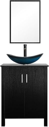 Miniatura 1 de eclife Lavabo de tocador de baño de 24 pulgadas, moderno gabinete de MDF con espejo azul barco de vidrio templado, grifo de ahorro de agua ORB y