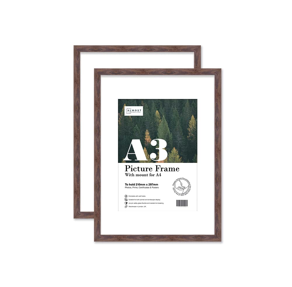 Almost Frameless A3 Walnut Picture Frame Set of 2, Display A4 Pictures with Mount or A5 Without Mount Gallery Wall, Poster, Photo, Artwork, or Print, Walnut