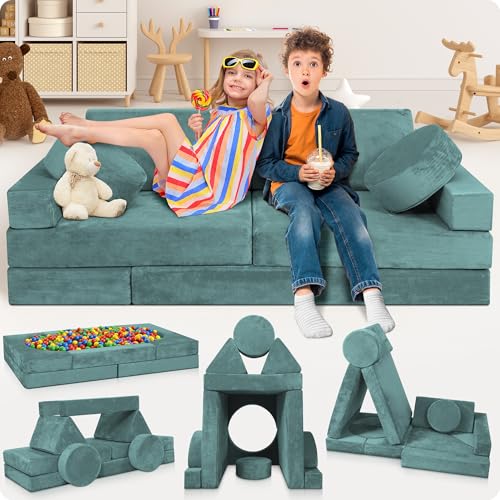 Image of Lunix LX15 14pcs Modular Kids Play Couch, Design-Patent Child Sectional Sofa, Fort-Play Bedroom Playroom Furniture for Toddlers, Convertible Foam, Washable Covers, Oeko-TEX & CertiPUR-US, Sage Teal