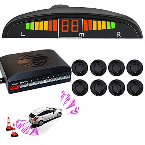 Riloer Car Reverse Parking Radar System 8 Reversing Sensors Kit with Front and Rear Alarm Buzzer Reminder LED Display Safe Driving Gray Car Parking Sensor (Black)