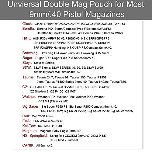 Hqda Double Magazine Pouch, 9Mm .40 Double Mag Pouch Fits Glock 17 19 23 43 Adjustable Retention Double Stack Mag. Holder For Taurus Cz S&W Sig Sauer Beretta H&K Colt Browning Springfield Ruger Canik #TOP1
