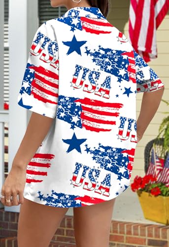 Image of Ithalt 4th of July Hawaiian Shirts Women American Flag Patriotic Short Sleeve Button Down Outfits Summer Vacation Tops