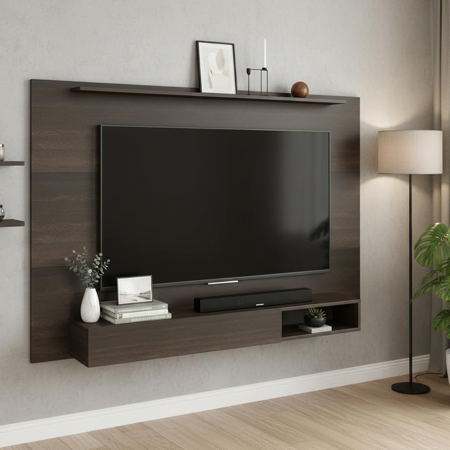 Image of FURNEASER Reyroy Wall Mounted TV Unit for Living Room | Wooden TV Panel with Floating Cabinet & Storage Shelf | Modern Entertainment Unit for Upto 60 Inch TV (Wenge)