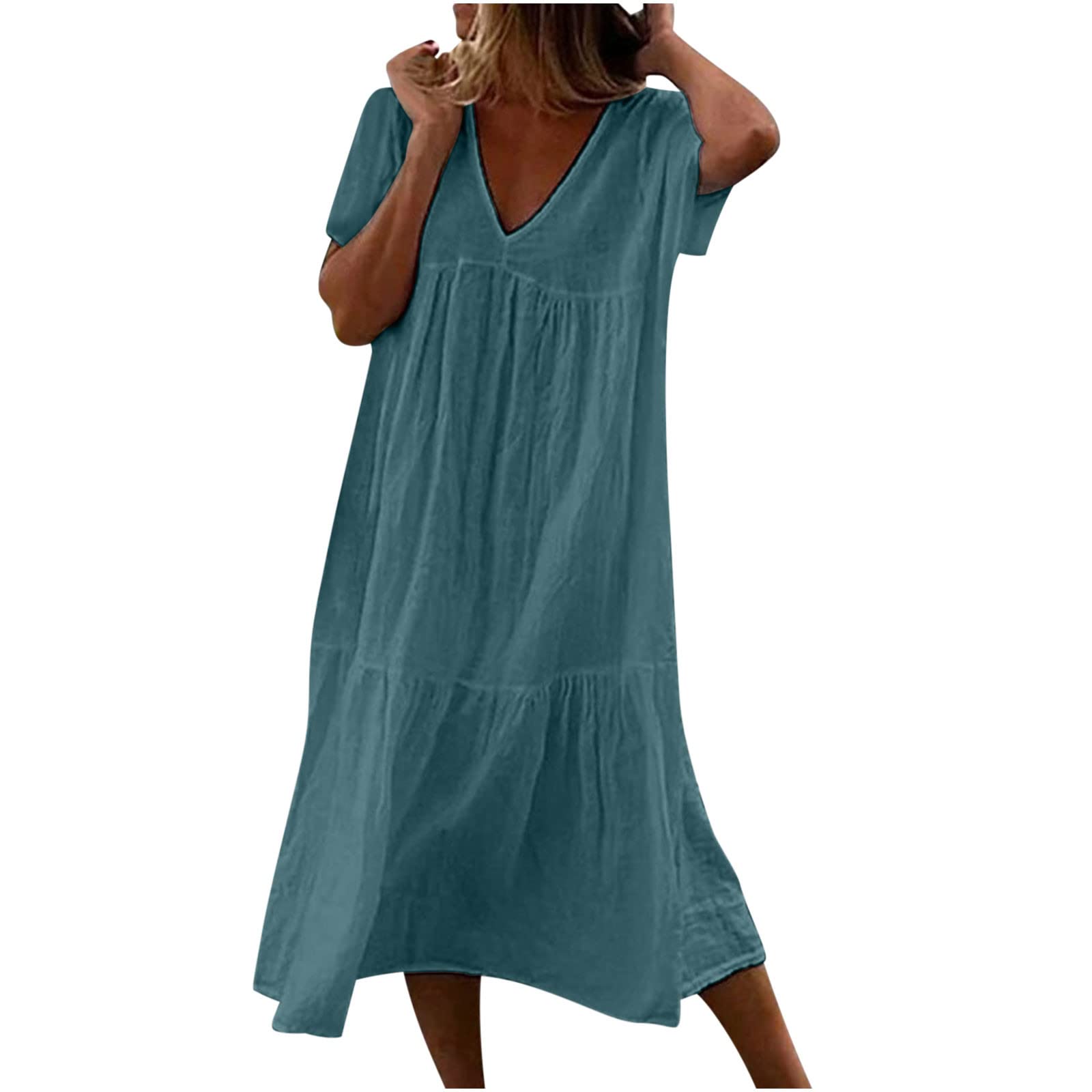CeboyelMidi Dresses for Women Summer Tiered Casual Loose Dress Short Sleeve V Neck Dresses Flowy Beach Boho Clothing 2023