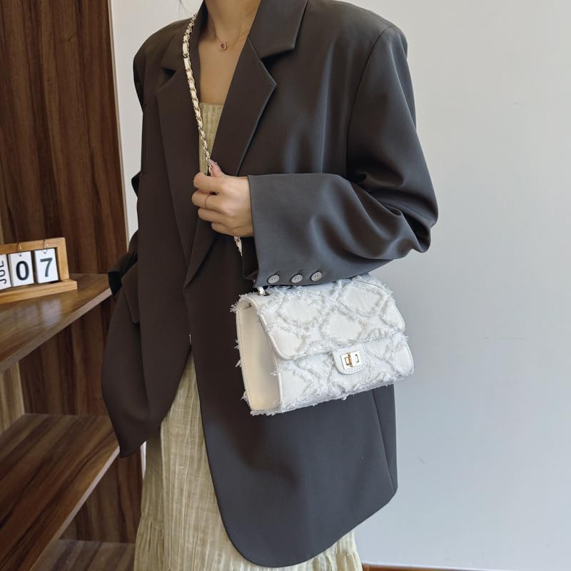 LIZHAOCAI Stylish Denim Shoulder Handbag with Chain Strap Diamond Shaped Burlap Trim Crossbody Bag Underarm Purse for Women2